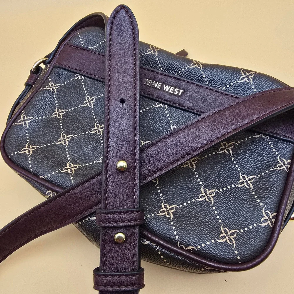 Nine West Monogram Crossbody Bag Burgundy Faux Leather Double Zip